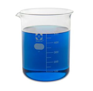 A laboratory beaker filled with blue liquid.