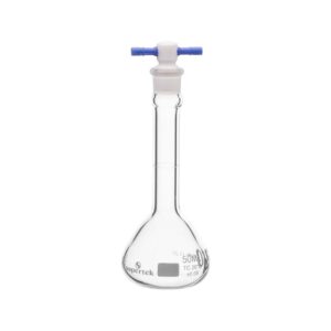 A volumetric flask with a blue stopper on a white background.