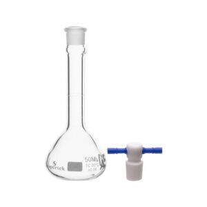 A clear glass volumetric flask with a blue stopper beside it.