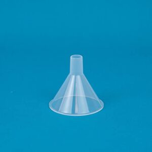 A clear plastic funnel against a blue background.