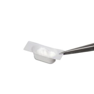 Tweezers holding a small white blister pack with two tablets.