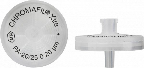 Close-up of a plastic filtration device labeled FIL_Xtra with 0.20 µm pore size.