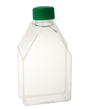 Clear plastic bottle with green cap against white background.