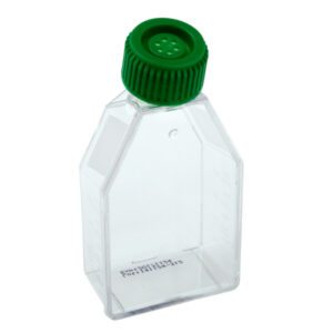 Clear plastic bottle with a green screw cap, designed for lab use.