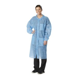 Person wearing a blue disposable medical gown and black shoes.