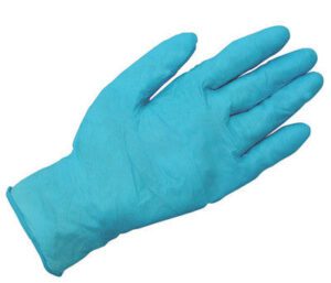 A single blue disposable glove laid flat.