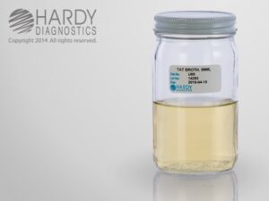 Clear liquid sample in a labeled jar from Hardy Diagnostics.
