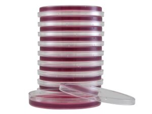 Stack of red and white petri dishes with lids.