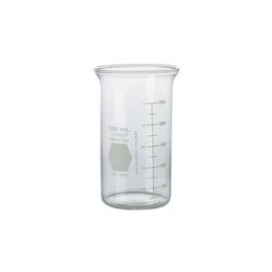 A clear glass beaker with measurement markings on white background.