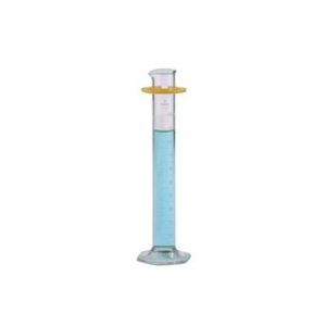 A transparent graduated cylinder filled with blue liquid.