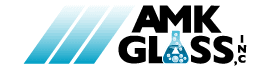 Logo featuring blue stripes and a laboratory flask for Amik Glass.