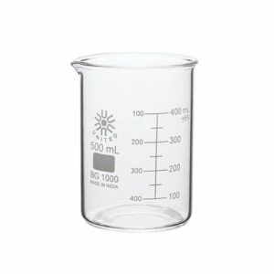 A clear glass laboratory beaker with measurement markings.